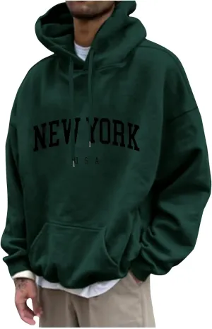 Mens Oversized Letter Print Hoodies Long Sleeve Casual Graphic Sweatshirt New York Drawstring Pullover with Pocket