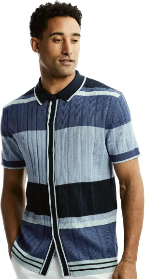 Men’s Short Sleeve Collar Knit Sports Shirt – Chevron Stripe and Color Blocked Horizontal Pattern
