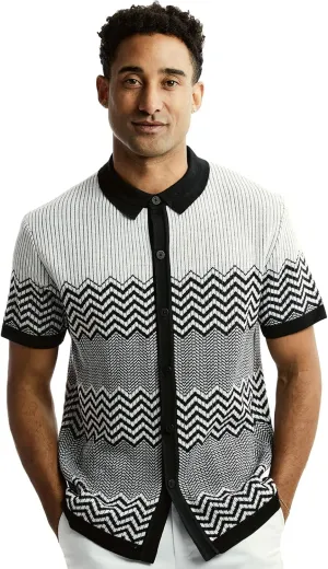 Men’s Short Sleeve Collar Knit Sports Shirt – Chevron Stripe and Color Blocked Horizontal Pattern
