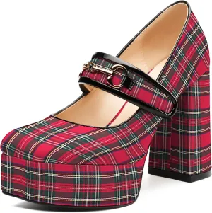 MERRORI Red Plaid Mary Jane Shoes for Women High Chunky Platform Square Toe Heels Patent Leather Fashion Single Strap Dress Wedding Party Pumps Shoes Size 7.5