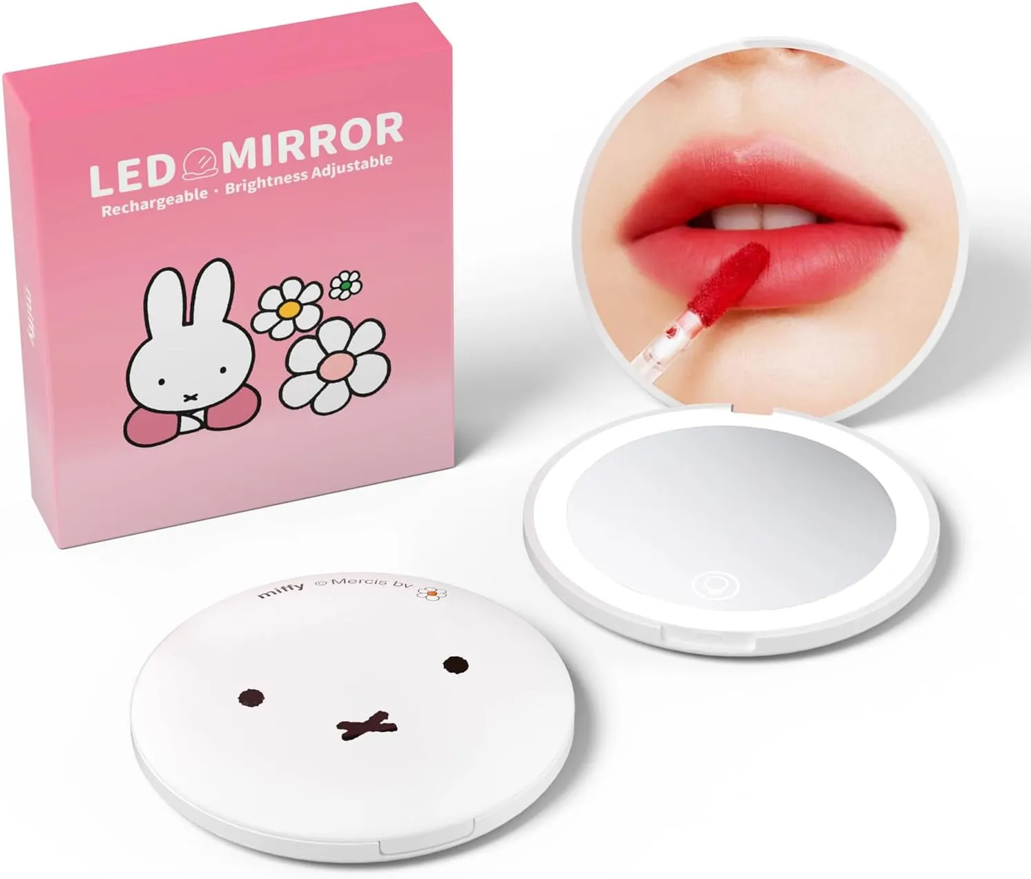 Miffy Handheld LED Makeup Mirror, Foldable 2-Side 1x/10x Magnification,Pocket Small Lighted Mirror for Travel, Face Shape (White)