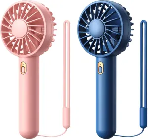 Mini Portable Fan 2-Pack - 3 Speed Rechargeable Handheld & Desk Fan with Base, Compact Cooling for Travel, Makeup, Summer Gift (Blue & Pink)
