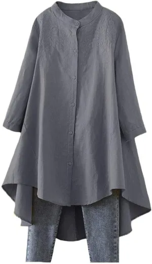 Minibee Women's Cotton Linen Shirt High Low Button Down Embroidered Blouse Long Sleeve Tunic Tops