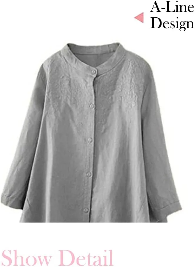 Minibee Women's Cotton Linen Shirt High Low Button Down Embroidered Blouse Long Sleeve Tunic Tops