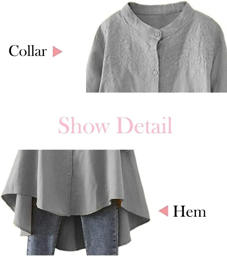 Minibee Women's Cotton Linen Shirt High Low Button Down Embroidered Blouse Long Sleeve Tunic Tops