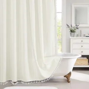 MitoVilla Ivory Boho Farmhouse Fabric Shower Curtain Set, Modern Cotton Linen Cloth Shower Curtains for Beige Vintage Rustic Bathroom Decor, Thick & Wrinkle Resistant, 72 x 72