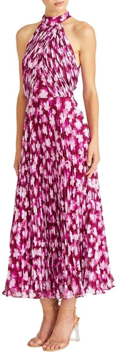 MONIQUE LHUILLIER ML Womens Pleated Tea Length Midi Dress