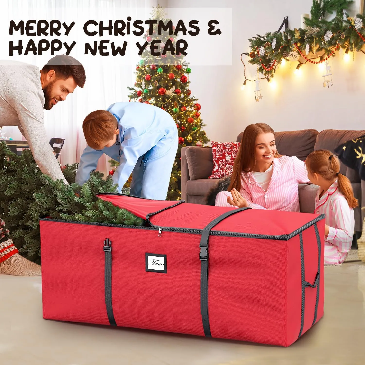 Mrrihand Christmas Tree Storage Bag, Large Artificial Christmas Tree, Anti-Tear Heavy-Duty 600D Oxford Cloth Christmas Tree Storage Box with Handles, Christmas Tree Storage Container (Red, 7.5Ft)