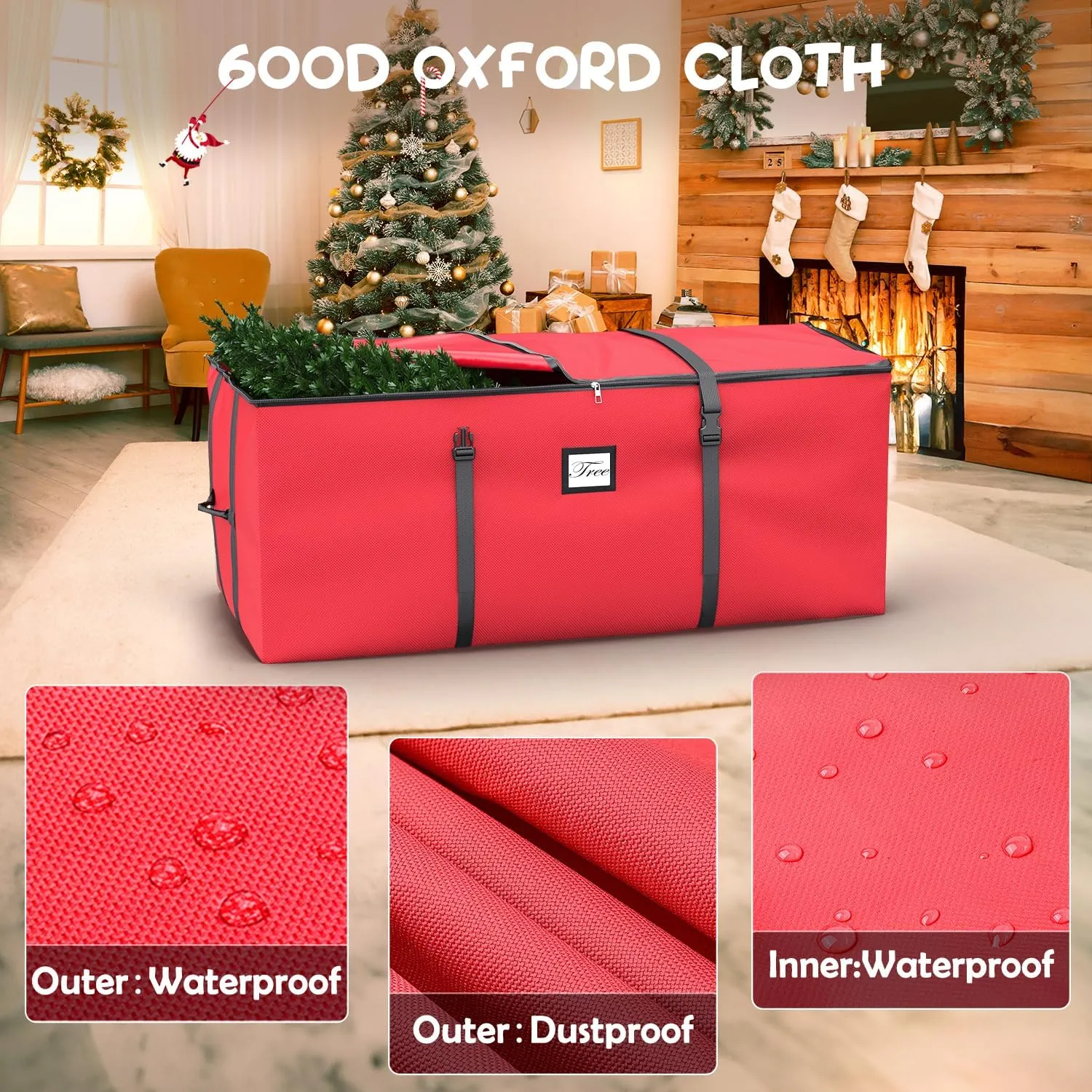 Mrrihand Christmas Tree Storage Bag, Large Artificial Christmas Tree, Anti-Tear Heavy-Duty 600D Oxford Cloth Christmas Tree Storage Box with Handles, Christmas Tree Storage Container (Red, 7.5Ft)