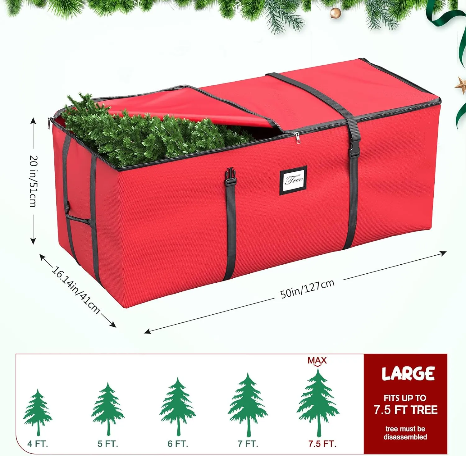 Mrrihand Christmas Tree Storage Bag, Large Artificial Christmas Tree, Anti-Tear Heavy-Duty 600D Oxford Cloth Christmas Tree Storage Box with Handles, Christmas Tree Storage Container (Red, 7.5Ft)