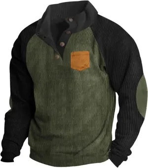 Muscularfit Golf Shirts for Men Long Sleeve Corduroy Pullover Tops Causal Stylish Color Block Button Up Athletic Sweatshirts
