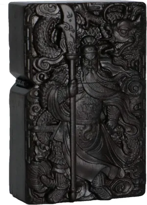 Natural Ebony Black Wood Carved Lighter Shell Box For Zippo Module (Guan Gong Yu Warrior Dragon)