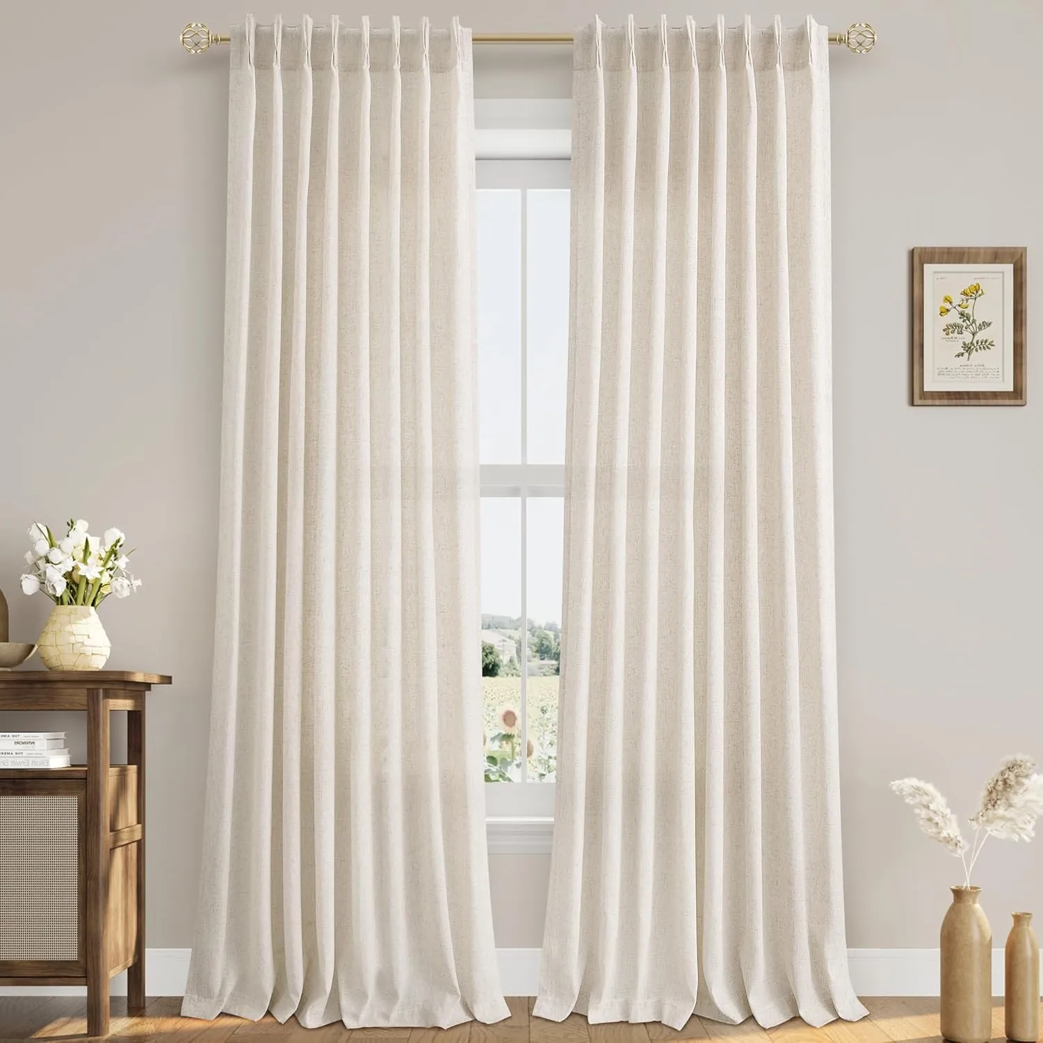 Natural Pinch Pleat Linen Curtains 94 Inch Length 2 Panels Set for Bedroom Dining Room Semi Sheer Linen Boho Farmhouse Neutral Window Curtains 94 Inches Long for Living Room Nursery 50x94