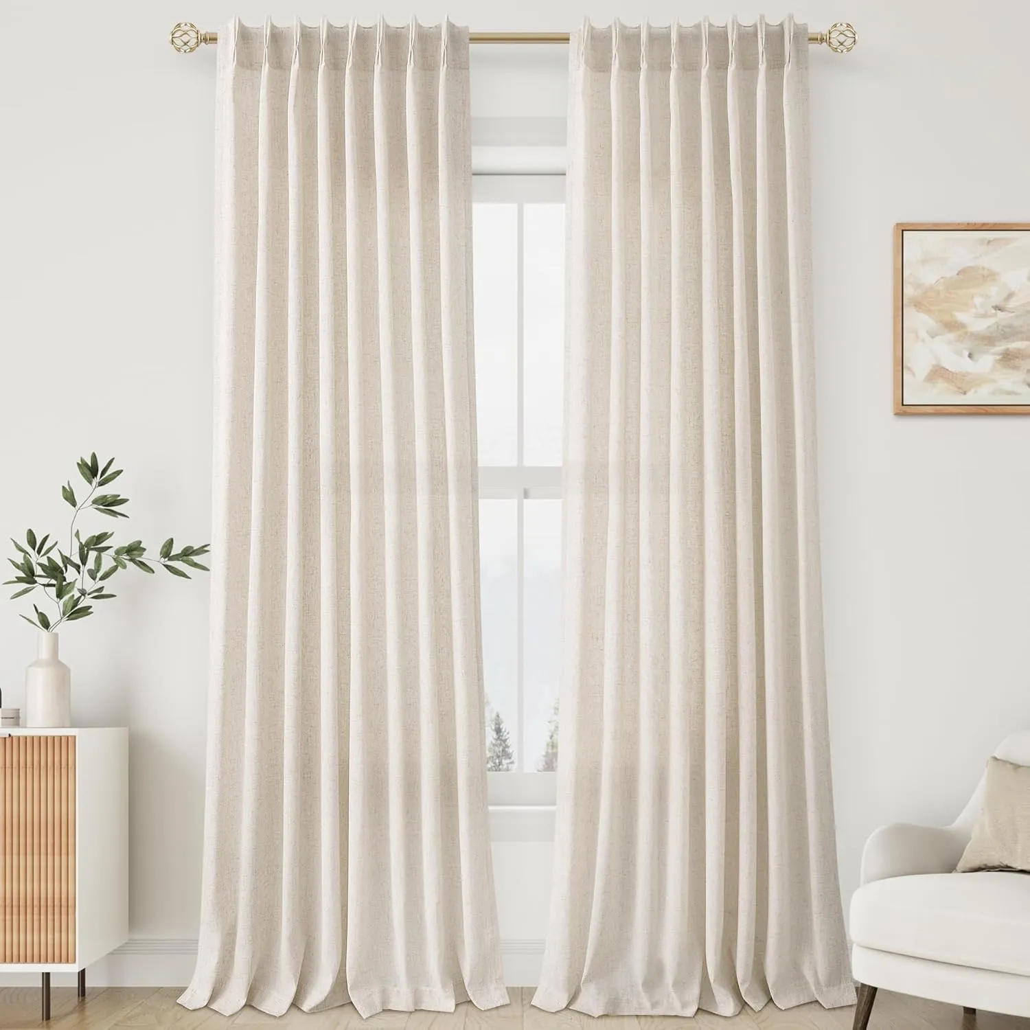 Natural Pinch Pleat Linen Curtains 94 Inch Length 2 Panels Set for Bedroom Dining Room Semi Sheer Linen Boho Farmhouse Neutral Window Curtains 94 Inches Long for Living Room Nursery 50x94