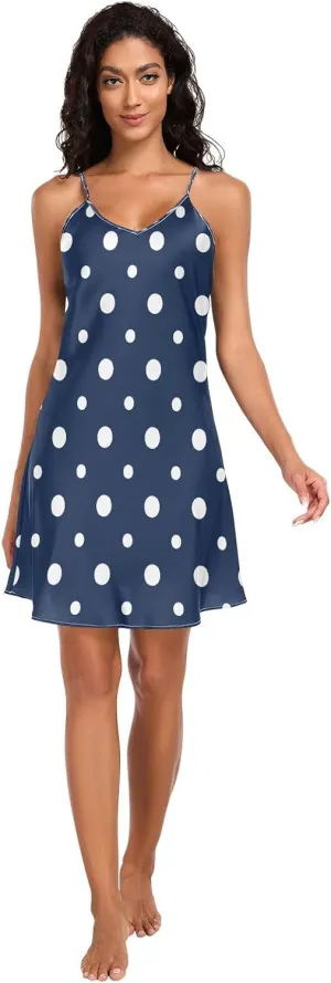 Navy Blue Polka Dots Lingerie Slip Dress, Adjustable Spaghetti Strap V Neck Summer Night Gowns for Women, S