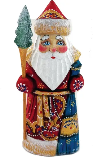 Needzo Red Wooden Hand Carved and Hand Painted Russian Santa Claus Statue Figurine, Santa with a Bag of Goodies, Christmas Decoration 6 1/4 Inch, Red