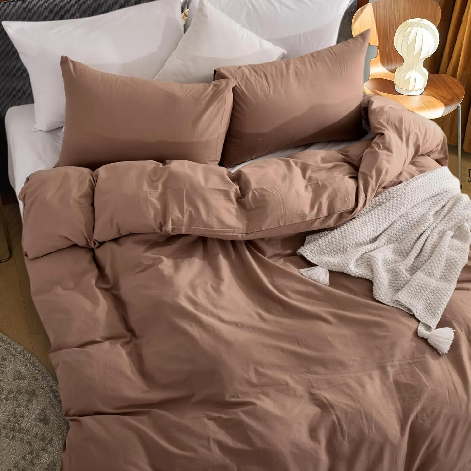 NEXHOME PRO Duvet Cover King Size Linen Look Organic Natural 100% Washed Cotton Duvet Cover Brown 3 Pieces Bedding Set with Zipper Closure, Breathable (No Comforter)