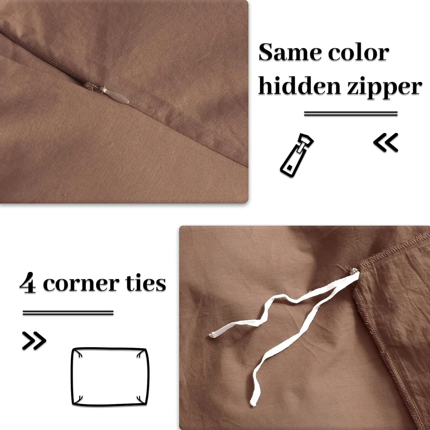 NEXHOME PRO Duvet Cover King Size Linen Look Organic Natural 100% Washed Cotton Duvet Cover Brown 3 Pieces Bedding Set with Zipper Closure, Breathable (No Comforter)
