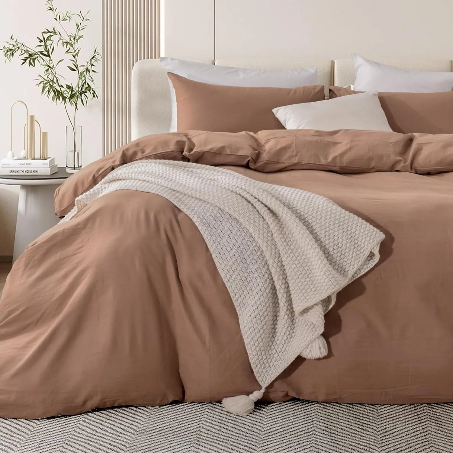 NEXHOME PRO Duvet Cover King Size Linen Look Organic Natural 100% Washed Cotton Duvet Cover Brown 3 Pieces Bedding Set with Zipper Closure, Breathable (No Comforter)