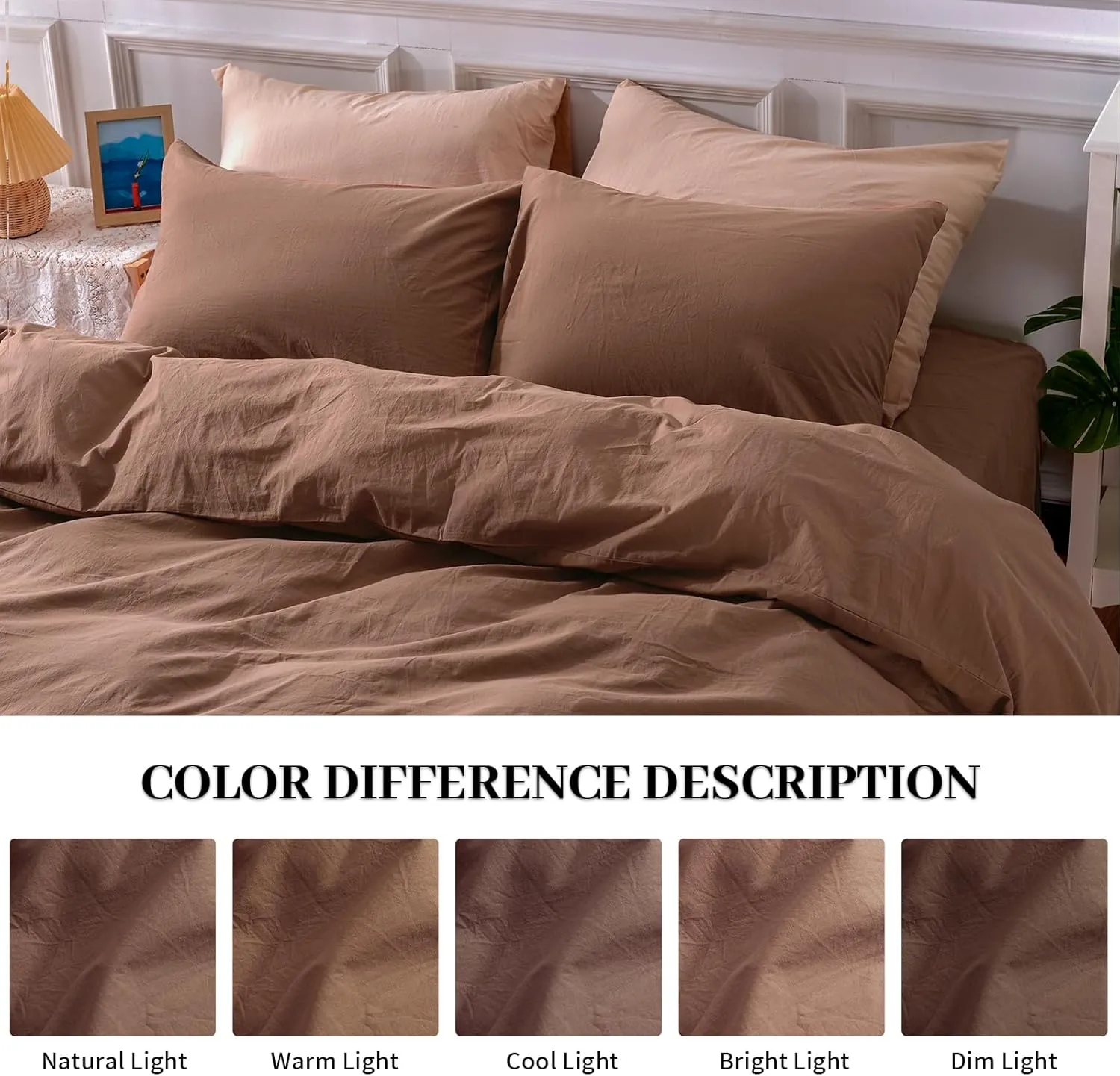 NEXHOME PRO Duvet Cover King Size Linen Look Organic Natural 100% Washed Cotton Duvet Cover Brown 3 Pieces Bedding Set with Zipper Closure, Breathable (No Comforter)