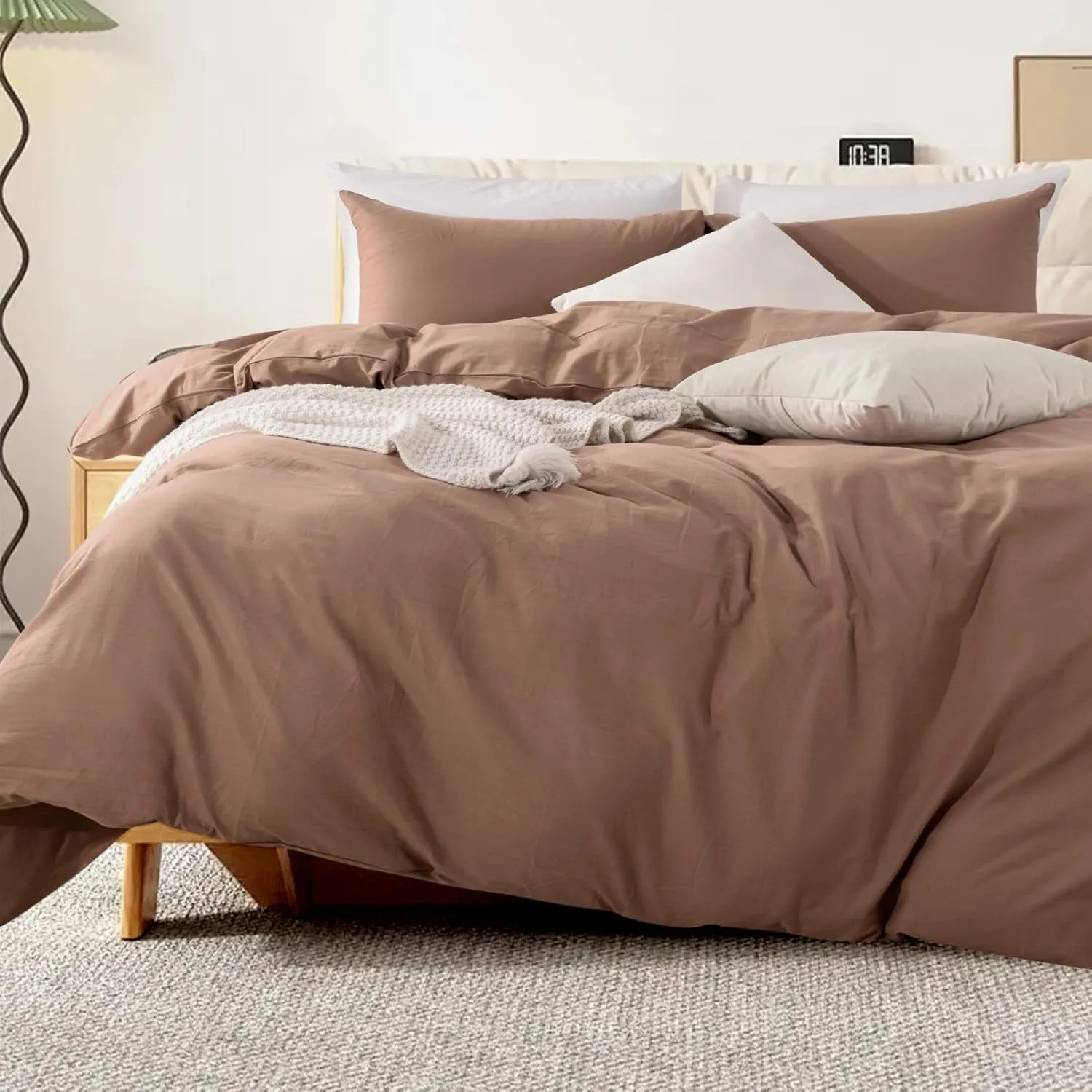 NEXHOME PRO Duvet Cover King Size Linen Look Organic Natural 100% Washed Cotton Duvet Cover Brown 3 Pieces Bedding Set with Zipper Closure, Breathable (No Comforter)