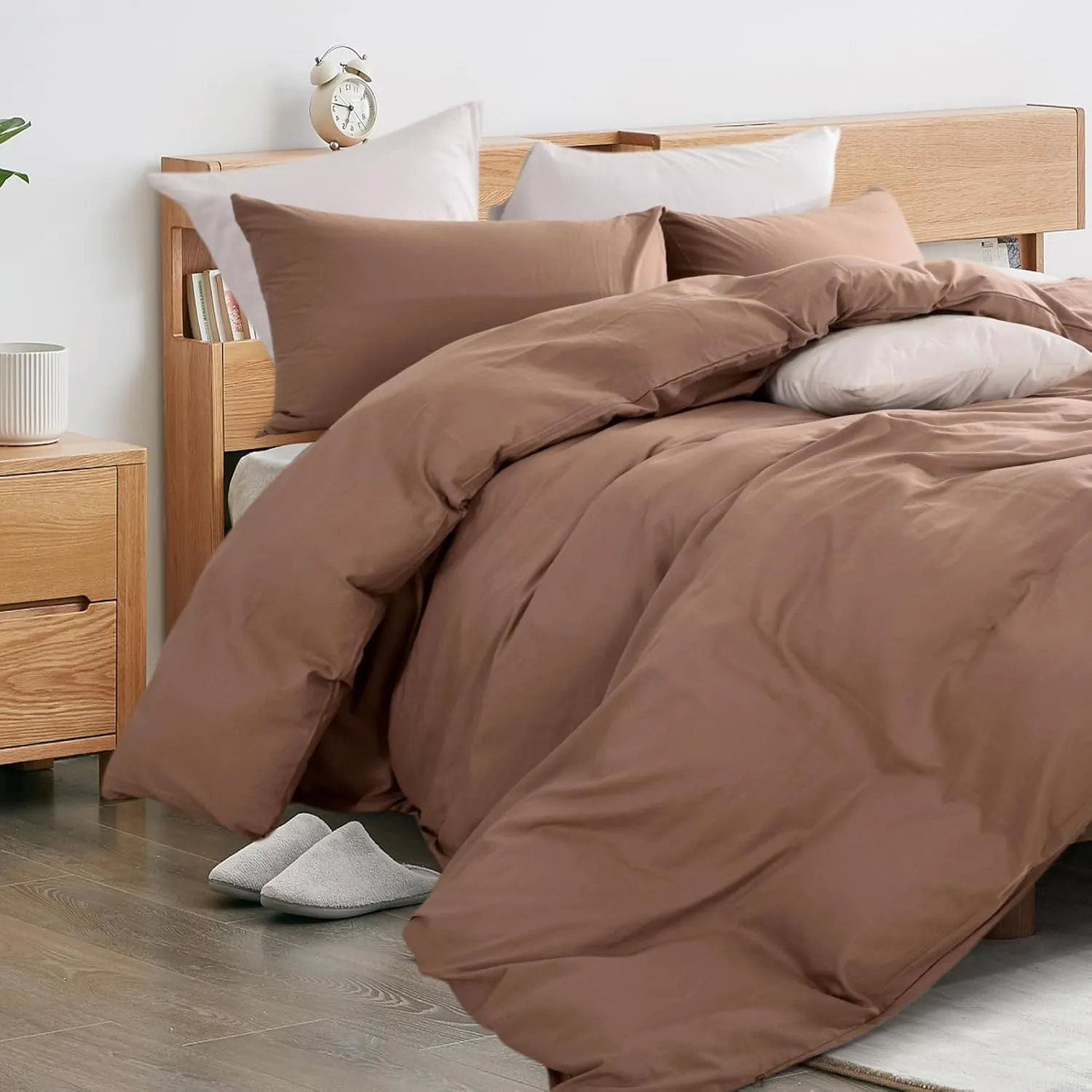 NEXHOME PRO Duvet Cover King Size Linen Look Organic Natural 100% Washed Cotton Duvet Cover Brown 3 Pieces Bedding Set with Zipper Closure, Breathable (No Comforter)