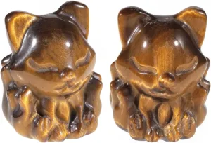 Nupuyai Pack of 2 Tiger's Eye Stone Nine Tailed Fox Statue, Carved Animal Stone Figurine Sculpture Crystal Collectible Decor Home Office Mediation