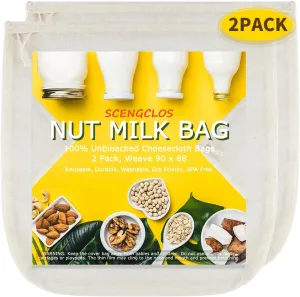 Nut Milk Bags(Upgraded, Weave 90x88), All Natural Cheesecloth Bags 12"x12" 2 Pack, 100% Unbleached Cotton Cloth Bags for Cheese/Tea/Yogurt/Juice/Wine/Soup/Herbs, Washable Reusable Almond Milk Strainer
