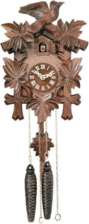 One Day Hand-Carved Cuckoo Clock with Five Maple Leaves & One Bird - 9 Inches Tall - Model # 11-09