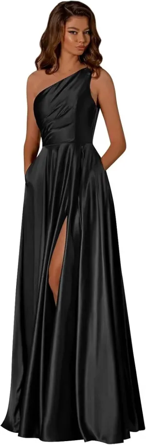 One Shoulder Bridesmaid Dresses for Women Satin Prom Dress with Pockets A Line Formal Dress with Slit