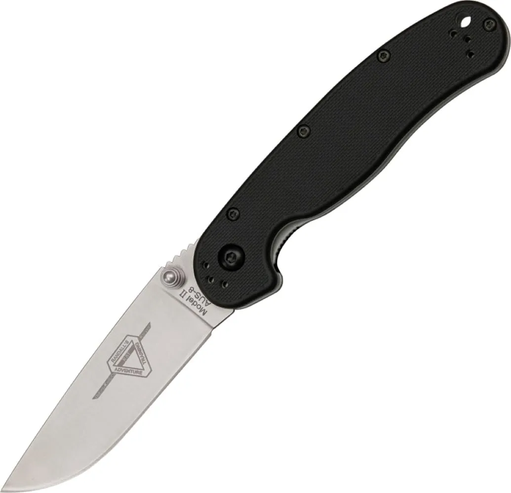 Ontario Knife Company Rat II, Satin AUS-8 Stainless Steel Drop-Point Blade Folding Pocket Knife, Black Nylon Handle Liner Lock Knife, Everyday Carry Knife – ON8860