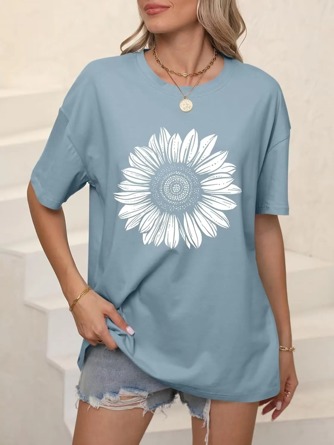 ORANDESIGNE Women’s Oversized Graphic Print Short Sleeve Tunic Tops Crew Neck Casual Drop Shoulder T Shirts
