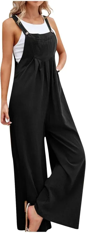 Overalls for Women Casual Sleeveless Linen Jumpsuits Straps Bib Overall Baggy Pleated Summer Rompers with Pockets