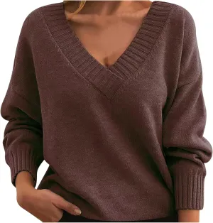 Oversized Long Sleeve v Neck Pullover Sweaters for Women Fall Fashion 2024 Dressy Casual Loose Soft Knit Sweater Tops