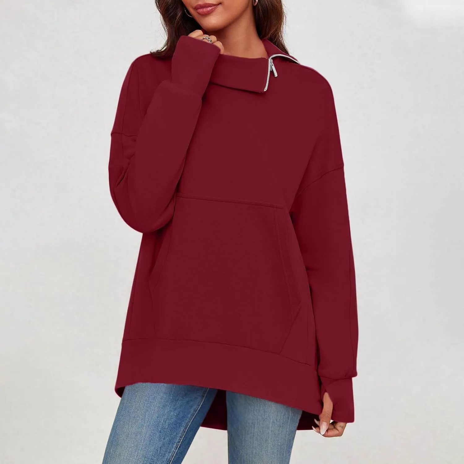 Oversized Sweatshirts for Women Trendy Zip High Neck Long Sleeve Solid Pullover Casual Cozy Warm Y2k Tops with Pocket