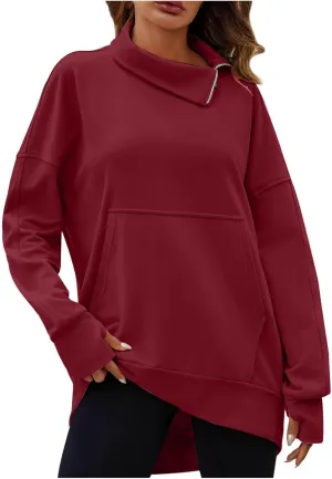 Oversized Sweatshirts for Women Trendy Zip High Neck Long Sleeve Solid Pullover Casual Cozy Warm Y2k Tops with Pocket