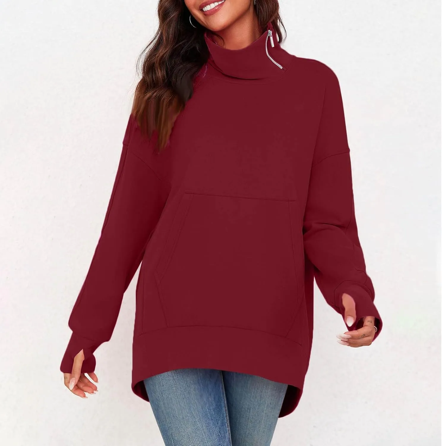 Oversized Sweatshirts for Women Trendy Zip High Neck Long Sleeve Solid Pullover Casual Cozy Warm Y2k Tops with Pocket
