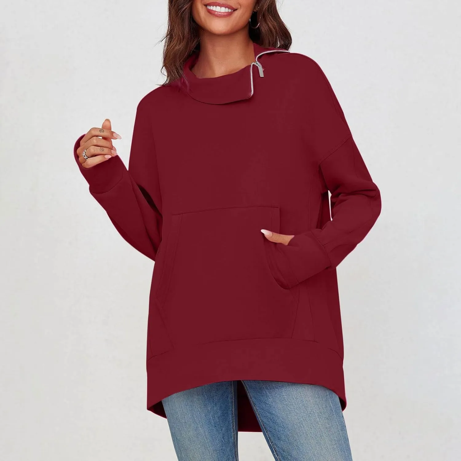 Oversized Sweatshirts for Women Trendy Zip High Neck Long Sleeve Solid Pullover Casual Cozy Warm Y2k Tops with Pocket