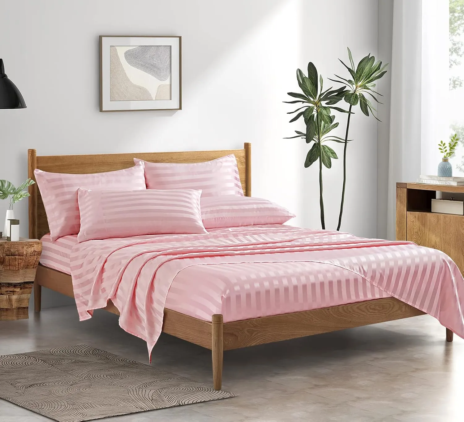 P Pothuiny Queen Satin Bed Linen Set, 6 Pieces Blush Pink Striped, Luxury Bedding with 1 Fitted Sheet, 1 Flat Sheet, 4 Pillowcases
