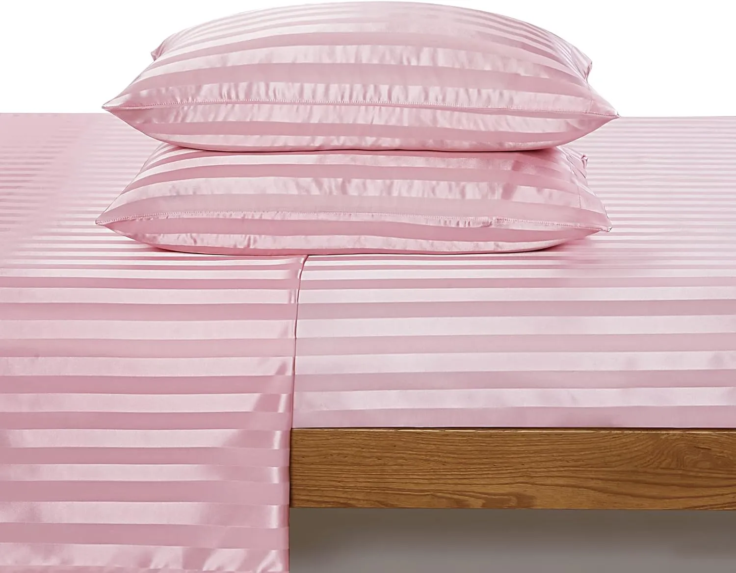 P Pothuiny Queen Satin Bed Linen Set, 6 Pieces Blush Pink Striped, Luxury Bedding with 1 Fitted Sheet, 1 Flat Sheet, 4 Pillowcases