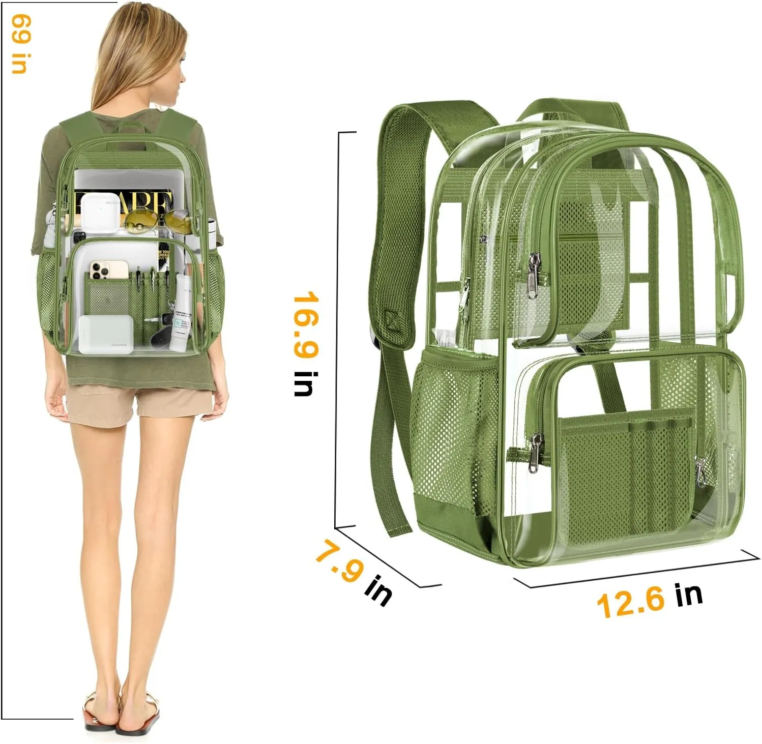 PAMANO Clear Backpack Heavy Duty Transparent See Through Bag for College Work Travel Security,Green