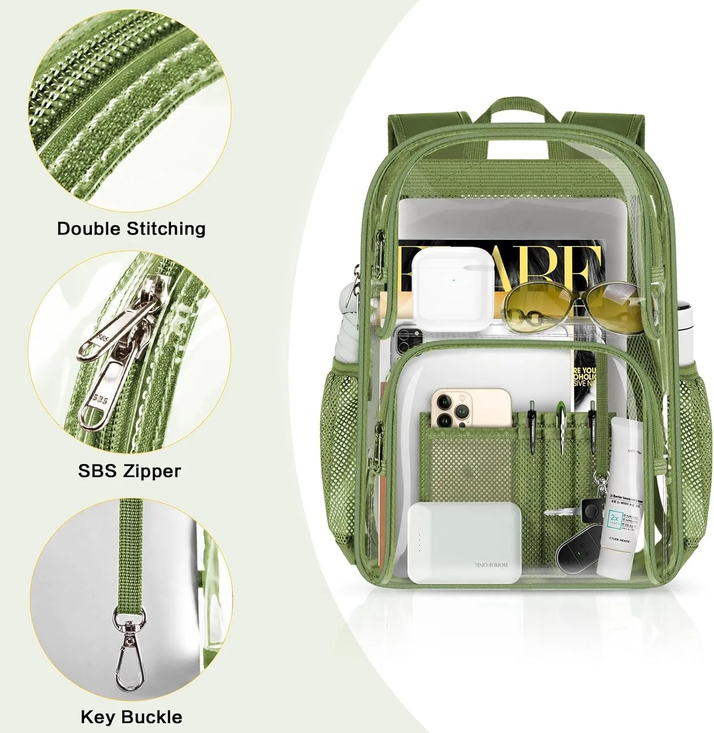 PAMANO Clear Backpack Heavy Duty Transparent See Through Bag for College Work Travel Security,Green