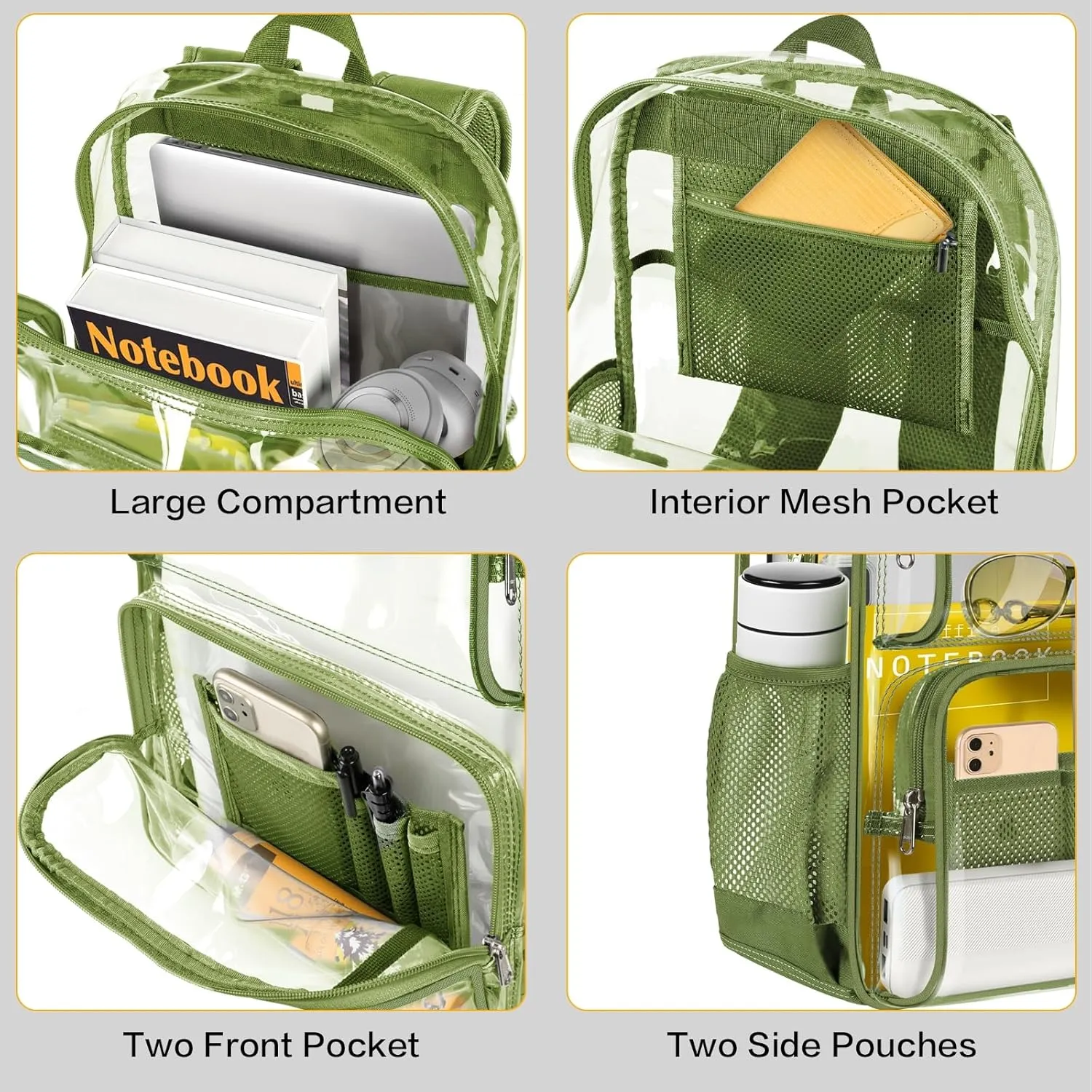 PAMANO Clear Backpack Heavy Duty Transparent See Through Bag for College Work Travel Security,Green