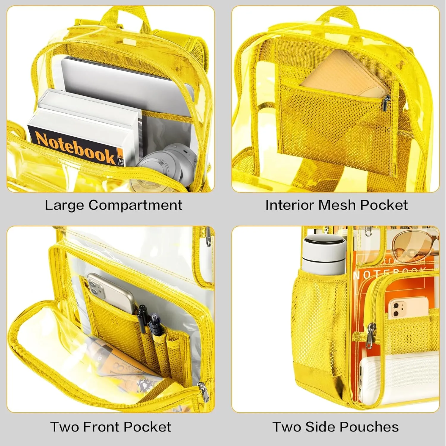 PAMANO Clear Backpack Heavy Duty Transparent See Through Bag for College Work Travel Security,Yellow