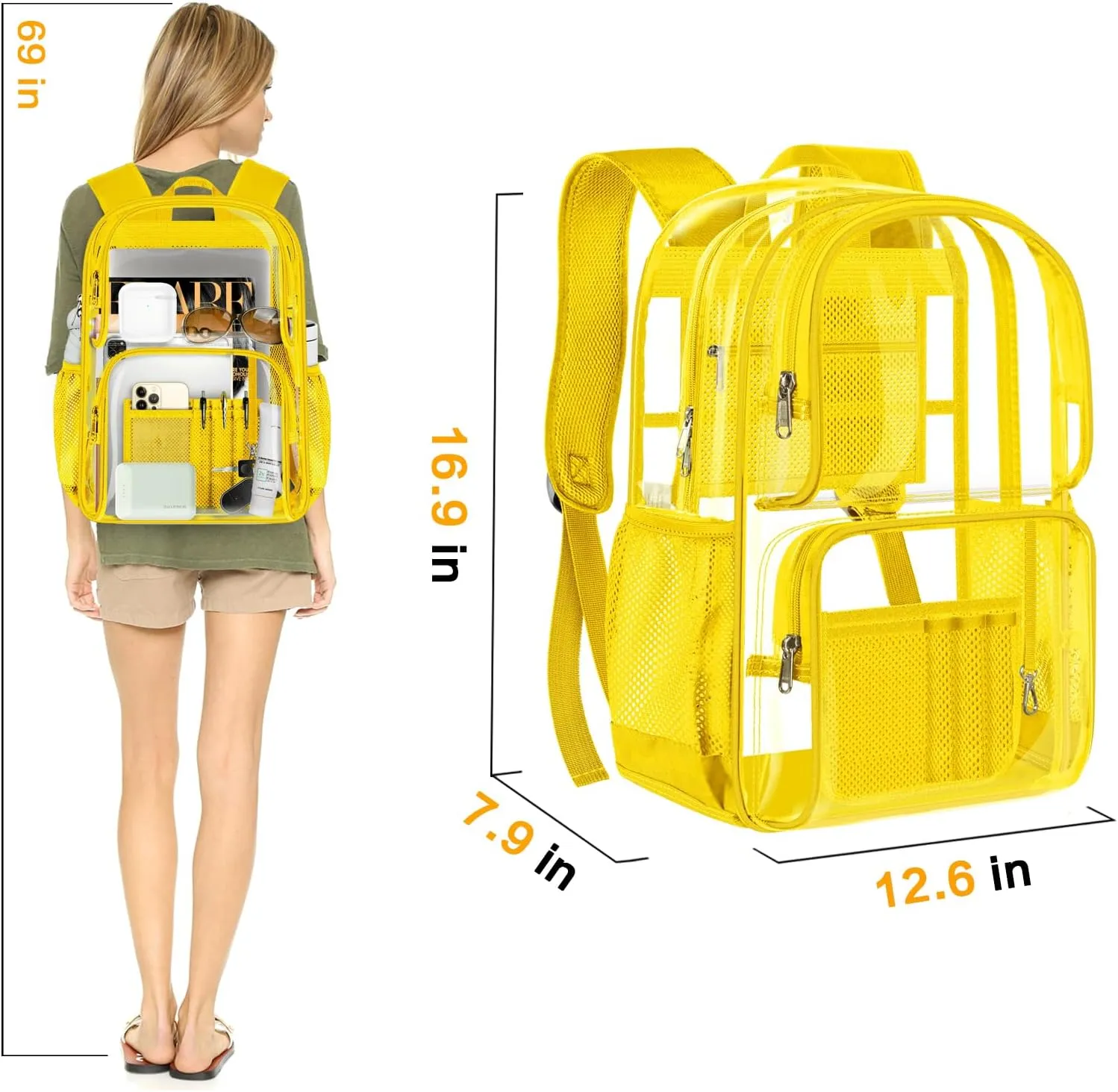 PAMANO Clear Backpack Heavy Duty Transparent See Through Bag for College Work Travel Security,Yellow