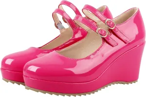 Parisuit Womens Mary Jane Wedge Platform Shoes Patent Leather Ankle Strap Pumps Sweet Shoes