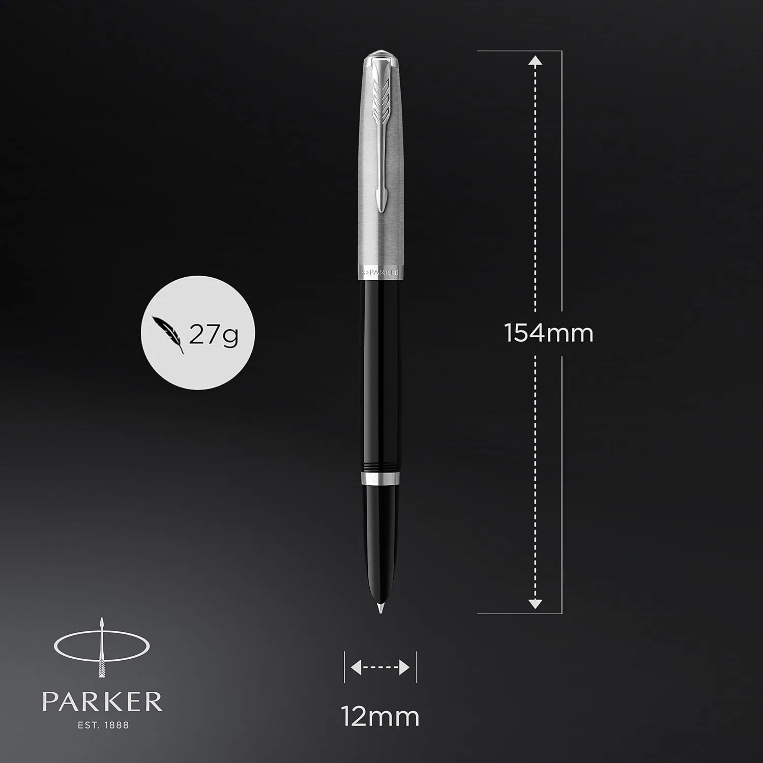 Parker 51 Fountain Pen | Black Barrel with Chrome Trim | Fine Nib with Black Ink Cartridge | Gift Box
