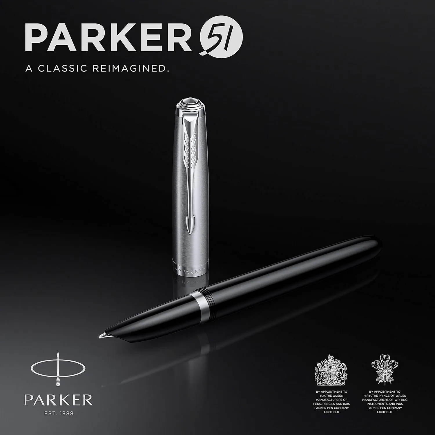 Parker 51 Fountain Pen | Black Barrel with Chrome Trim | Fine Nib with Black Ink Cartridge | Gift Box