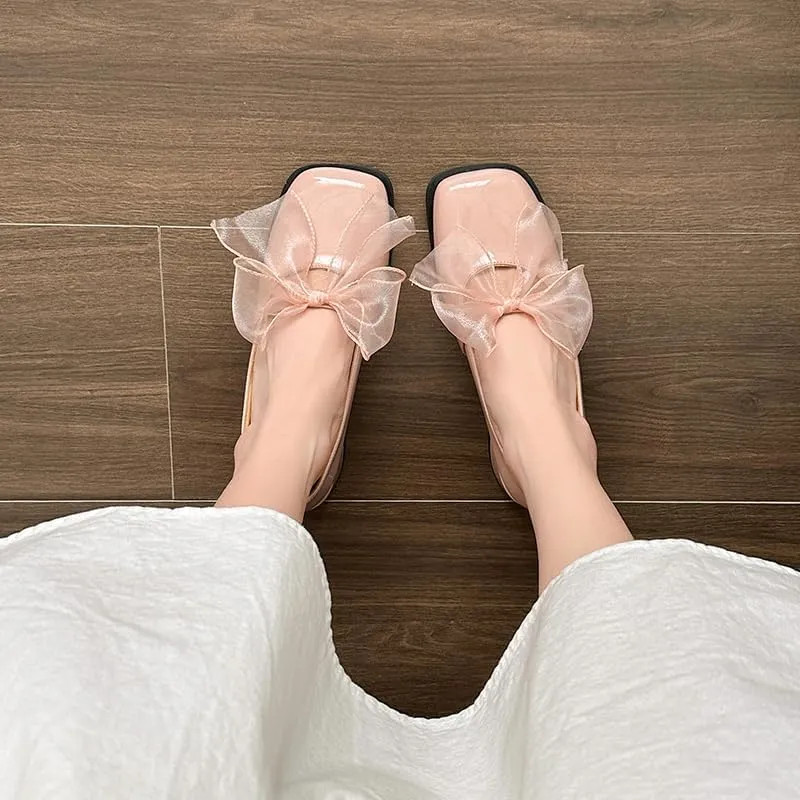 Patent Leather Mary Jane Shoes with Organza Bow, Square Toe Block Heel
