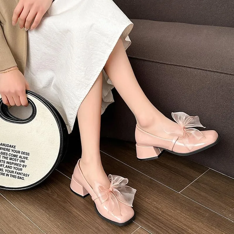 Patent Leather Mary Jane Shoes with Organza Bow, Square Toe Block Heel